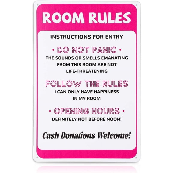 Room Rules Sign for Teen Girls, 12x8in Funny Pink Bedroom Decor Cute Gaming Room Door Decor Metal Tin Signs for Teen girls Room Dorm Wall Accessories