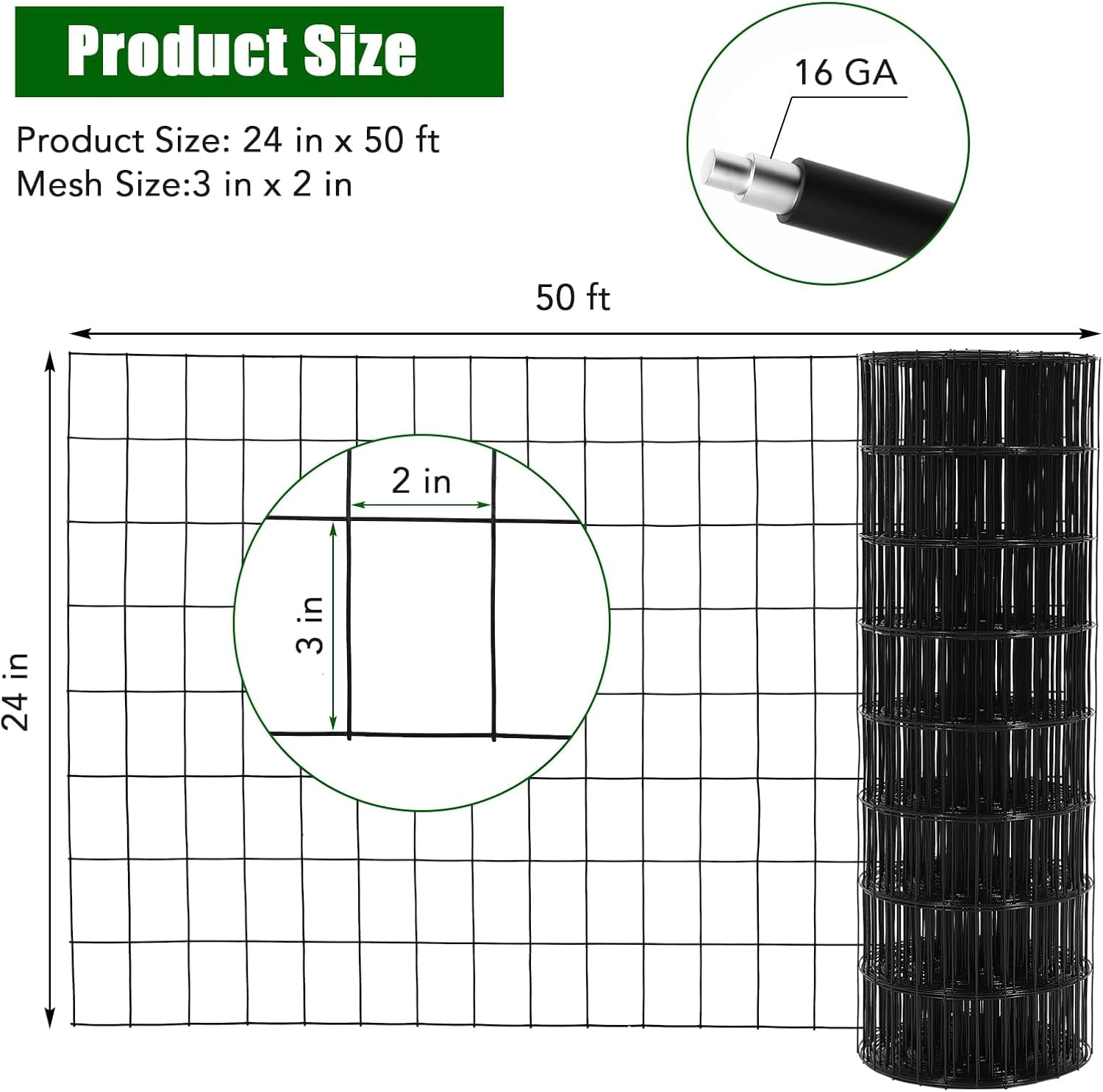 2 in x3 in 24 in x50 ft 16 Gauge, Chicken Wire Fence Wire Mesh Fence Galvanized Steel Poultry Netting Garden Fence Tree Guard Wire Fence Rolls Hardware Cloth for Yard Vegetable Protection