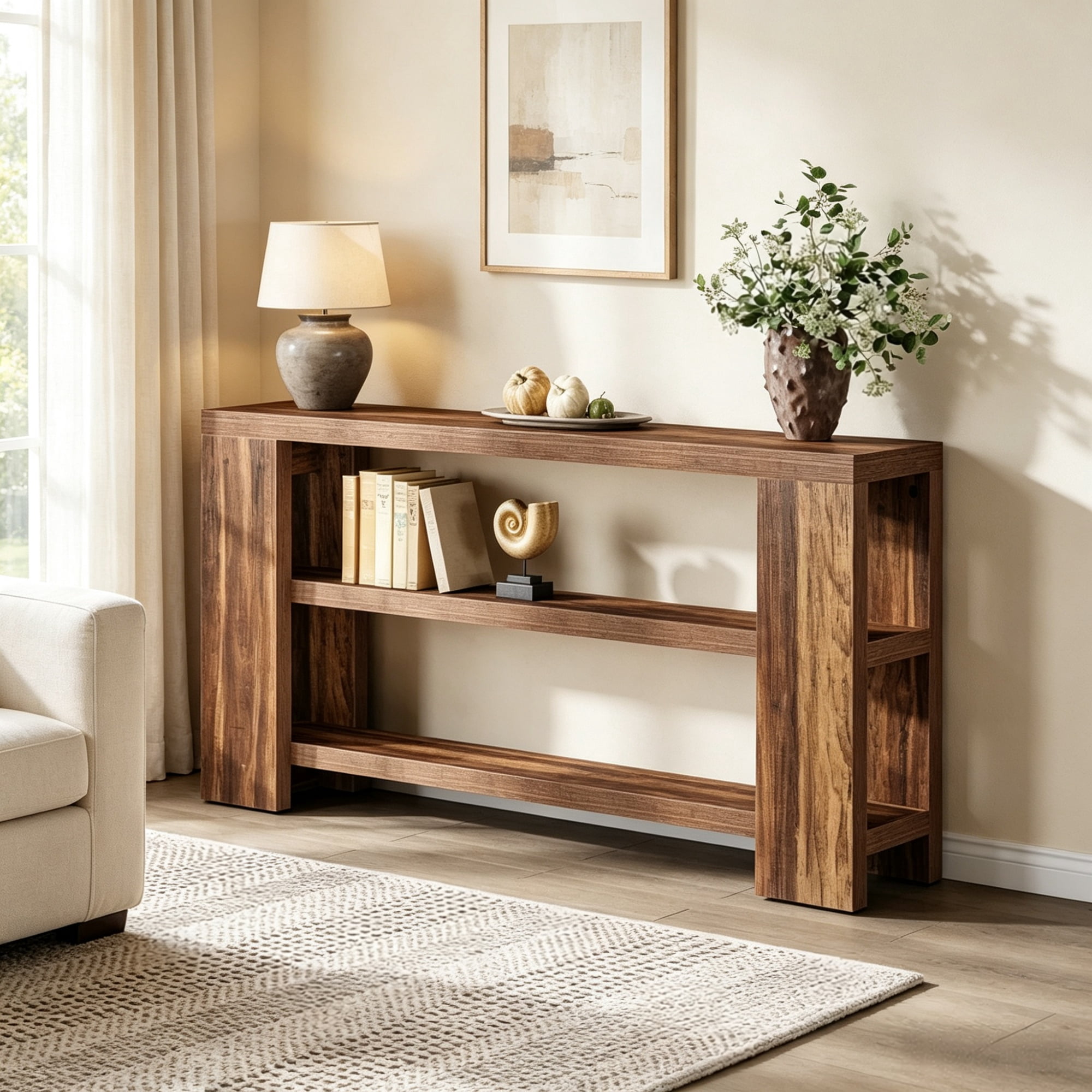 70.9 in Wooden 3-Tier Console Table, Rustic Farmhouse Sofa Table for Entryway & Hallway