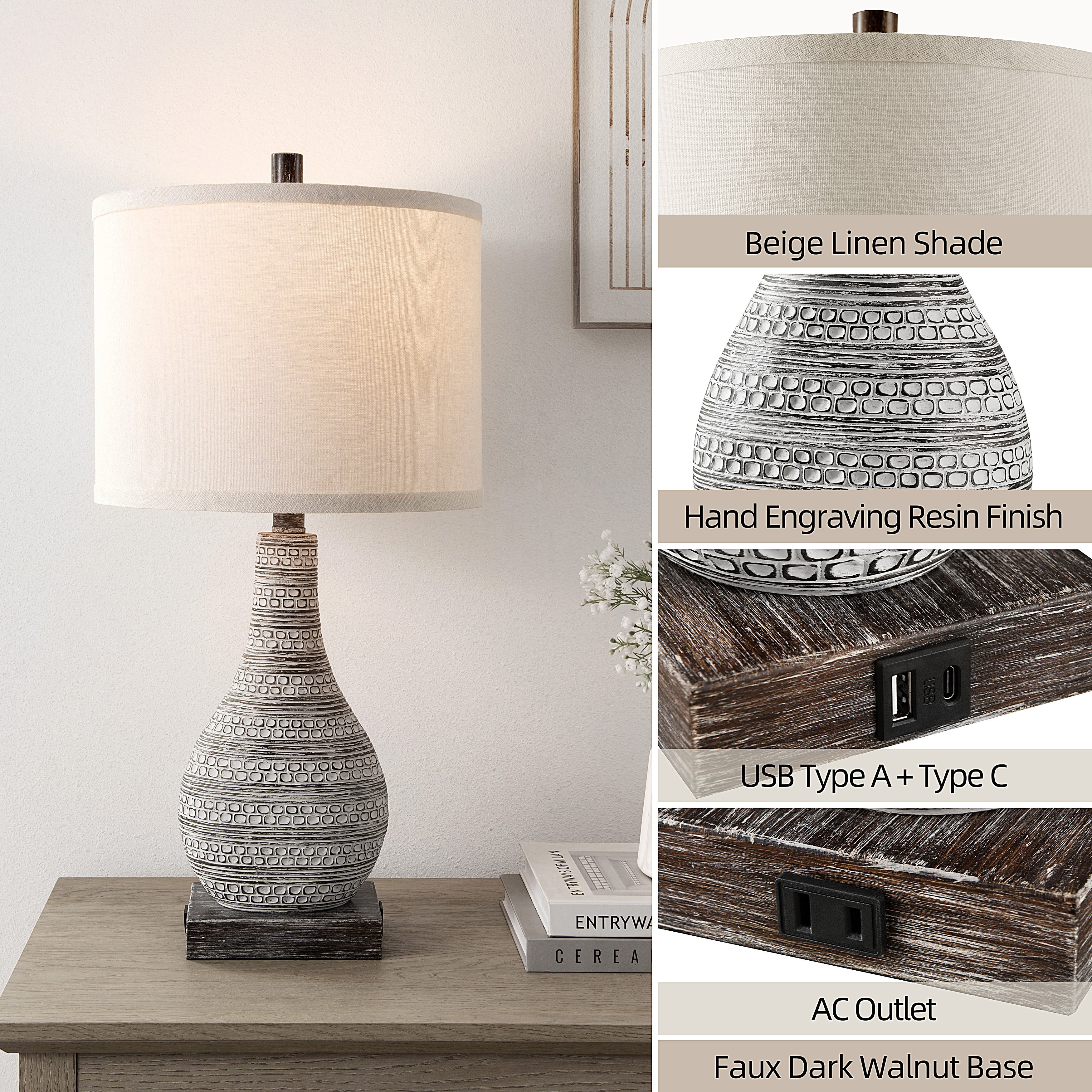 Kyrid 24'' Farmhouse Table Lamps Set with USB & NightLight, 3-Way Touch Control Table Lamps Set of 2 for Living Room (Bulbs Included)