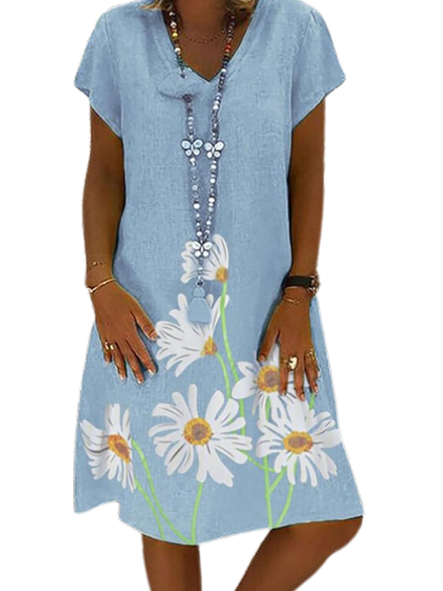 Boho Floral Printed V-Neck Short Sleeve Summer Holiday Beach Casual Midi Dress