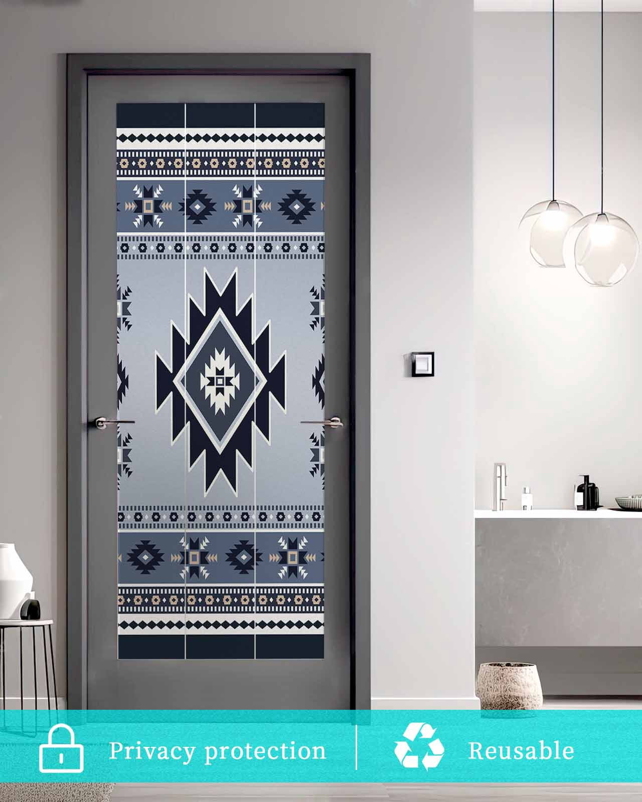 Window Privacy Film Blue Aztec Stained Glass Window Film Decorative Sun Block Window Cover Boho Southwest Farmhouse Ethnic Motifs Window Clings Static Adhesive Sticker for Bathroom 23.6"x59"