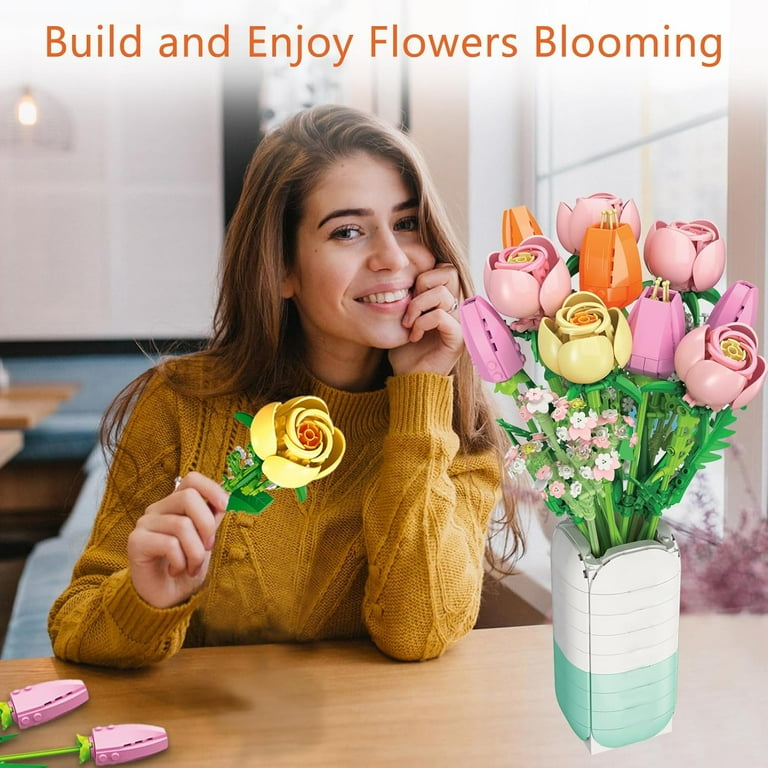 GZBrick Flowers Bouquet Building Sets Rose Tulips with Vase