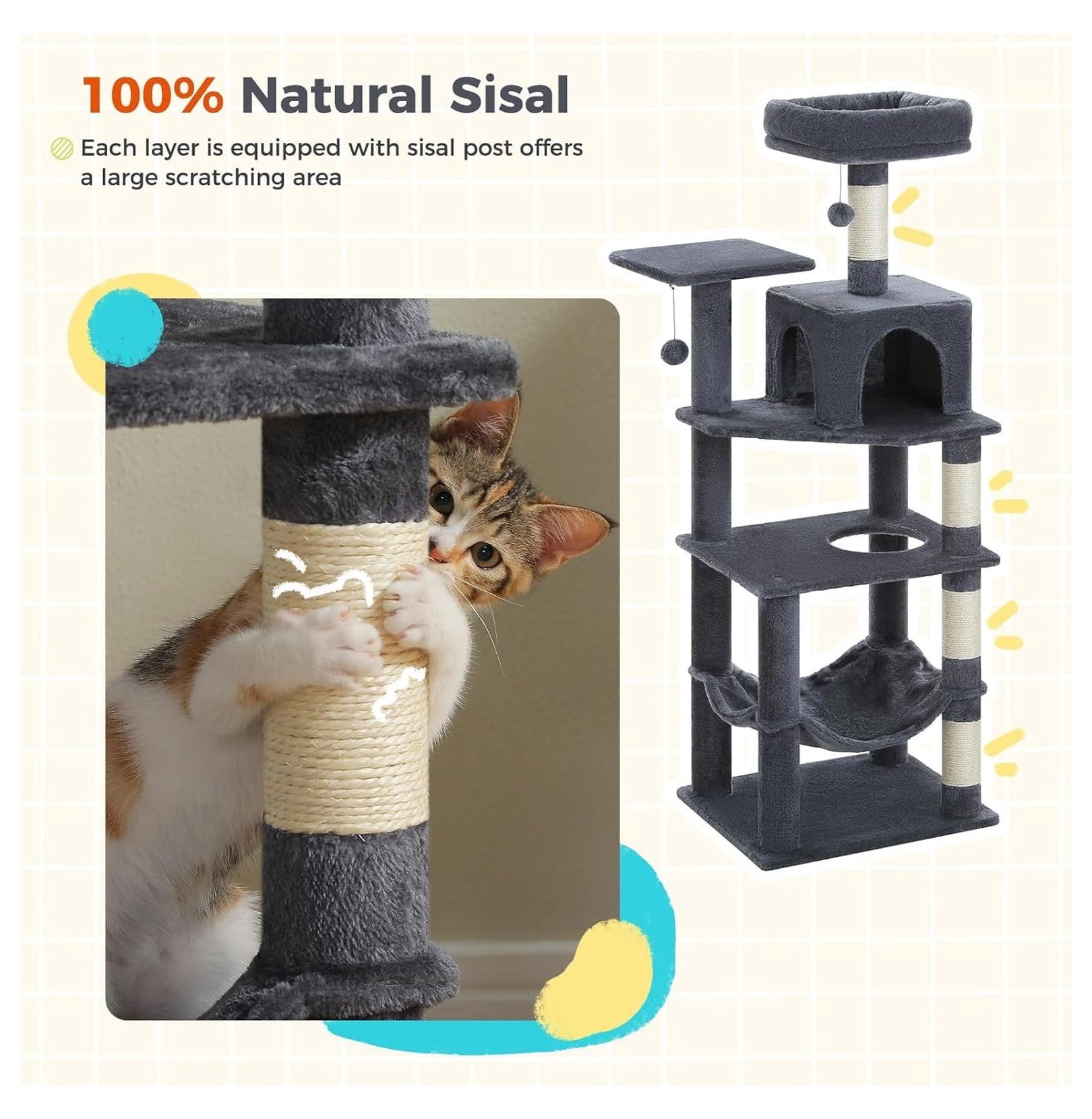 Cat Tree 56.3'' Multi-Level Tower, 2 Top Perch Cat Condo with Scratching Posts, Smoky Grey