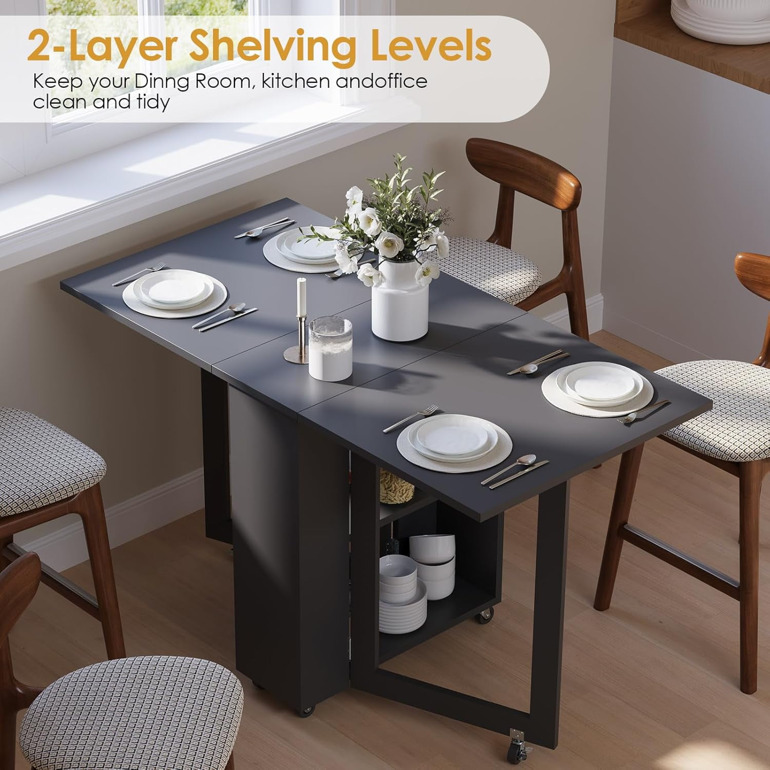 Kuublock Folding Dining Table with 2 Storage Racks, Space Saving Dining Table with 6 Wheels, Kitchen Table for Small Spaces