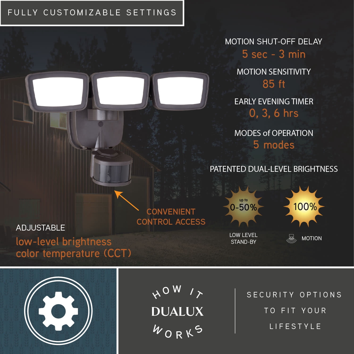 Bronze Integrated LED Motion Sensor Dusk to Dawn 3-Head Outdoor Security Flood Light - 240 Degree - 85 Ft.