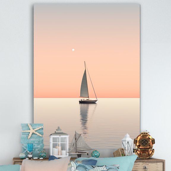 Designart "Peachy Serenity: Coastal Calm With Peach Sailboat" Coastal Wall Art Living Room