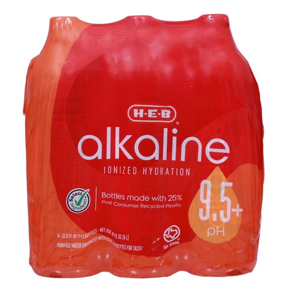 H-E-B Alkaline Water Bottles, 33.8 fl oz, 6 Count