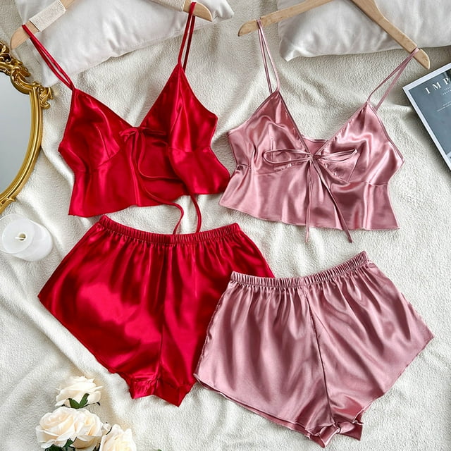 Ensembles de Pyjama pour Femmes 2 Pcs, Ensemble de Pyjama 2 Pcs avec Bretelles Solides en Dentelle et Shorts