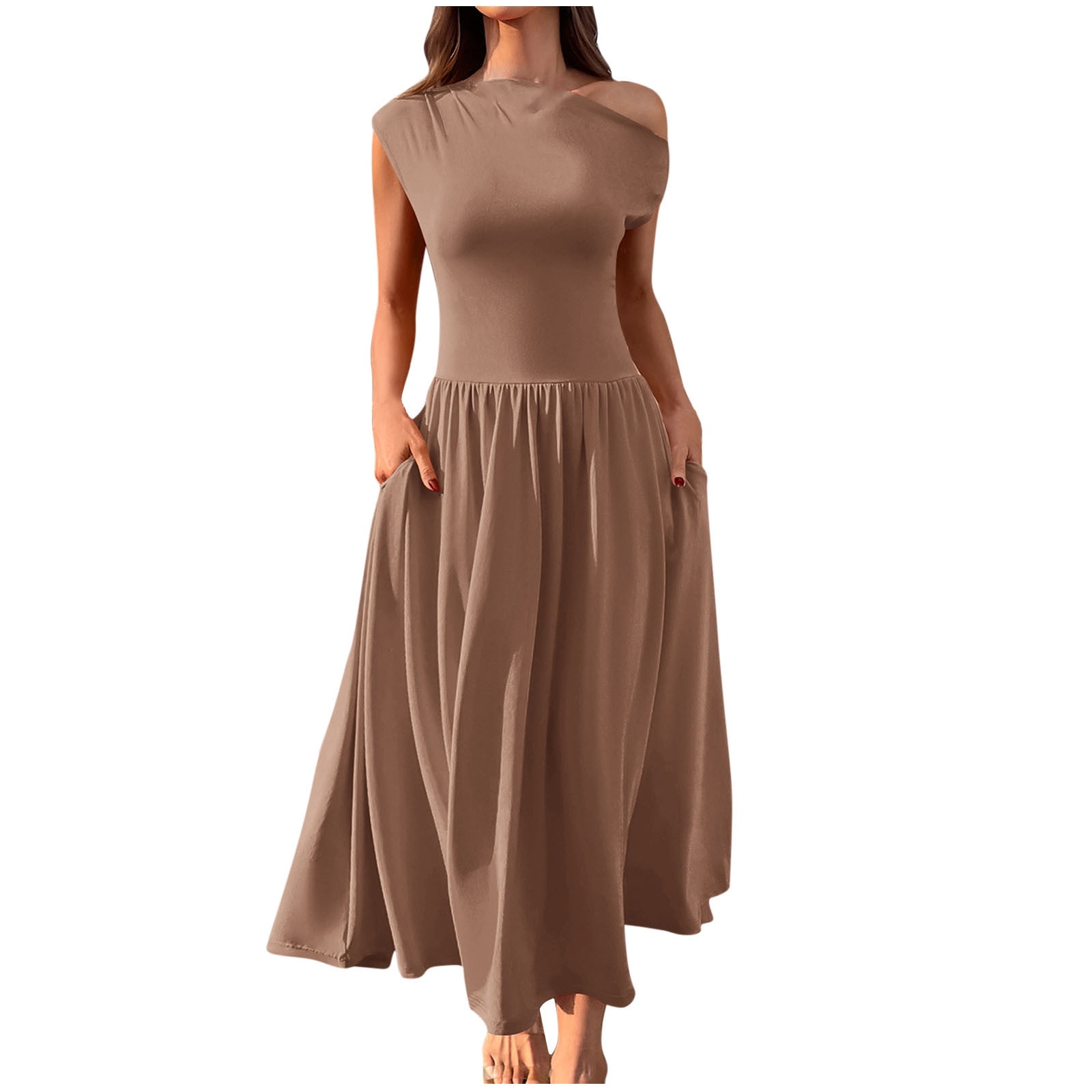 SMihono Stylish Women's Fashion Collared Summer Long Dresses Pleated Flowing Hem Loose Maxi Dress Elegant Beach Clothes Coffee XL