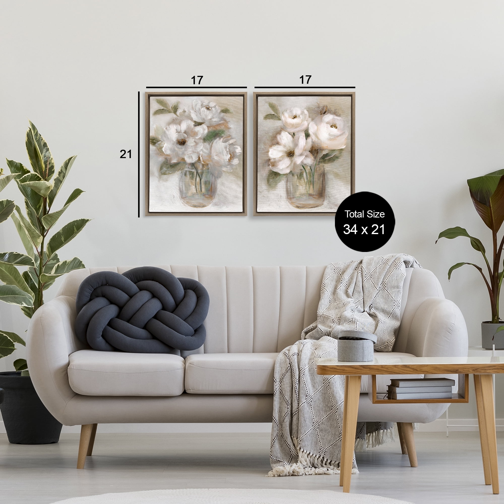 Stupell Industries Brushed White & Beige Roses 2 Piece Brown Framed Floater Canvas Set, design by Nan