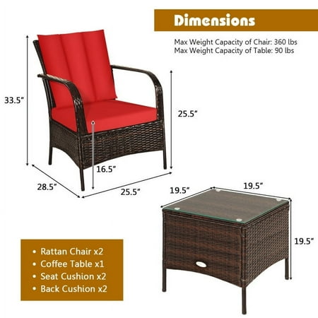 Resenkos 3 Pcs Patio Conversation Rattan Furniture Set with Glass Top Coffee Table and Cushions-Red