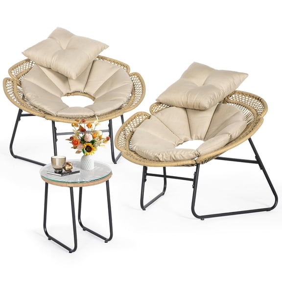 Nalone 3Pcs Rattan Bistro Set, Flower-Shaped Wicker Patio Furniture Set with Cushion & Pillow, Table and Chairs Dinning Sets with Glass Top Table