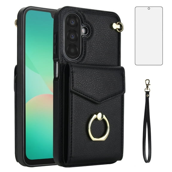 Asuwish Credit Card Slot PU Leather Wallet Cell Phone Case with Ring & RFID Blocking and Tempered Glass Screen Protector for Samsung Galaxy A56, Black