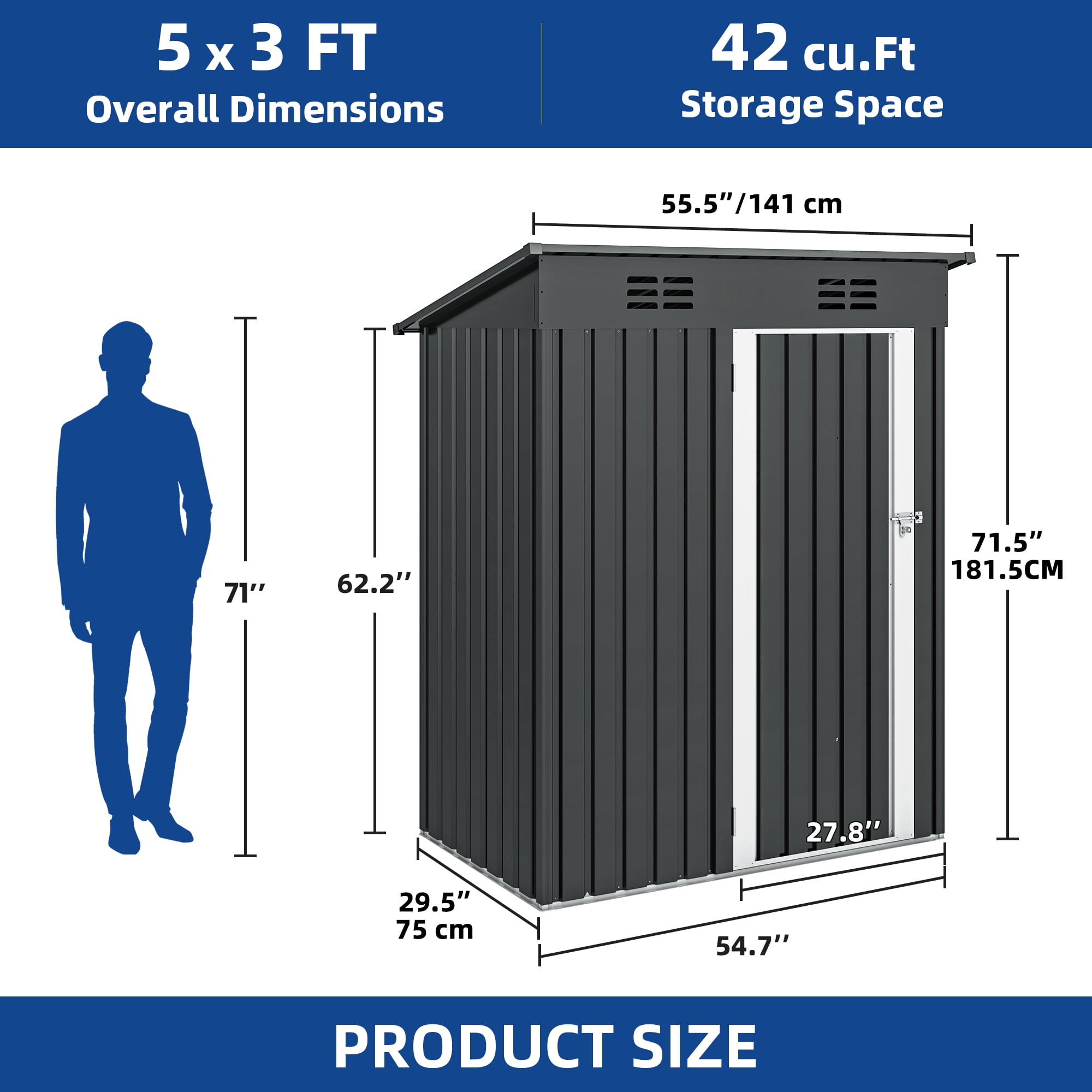 Uforic 5 x 3FT Outdoor Metal Storage Shed with Lockable Door, Sloped Roof, for Backyard, Garden, Gray