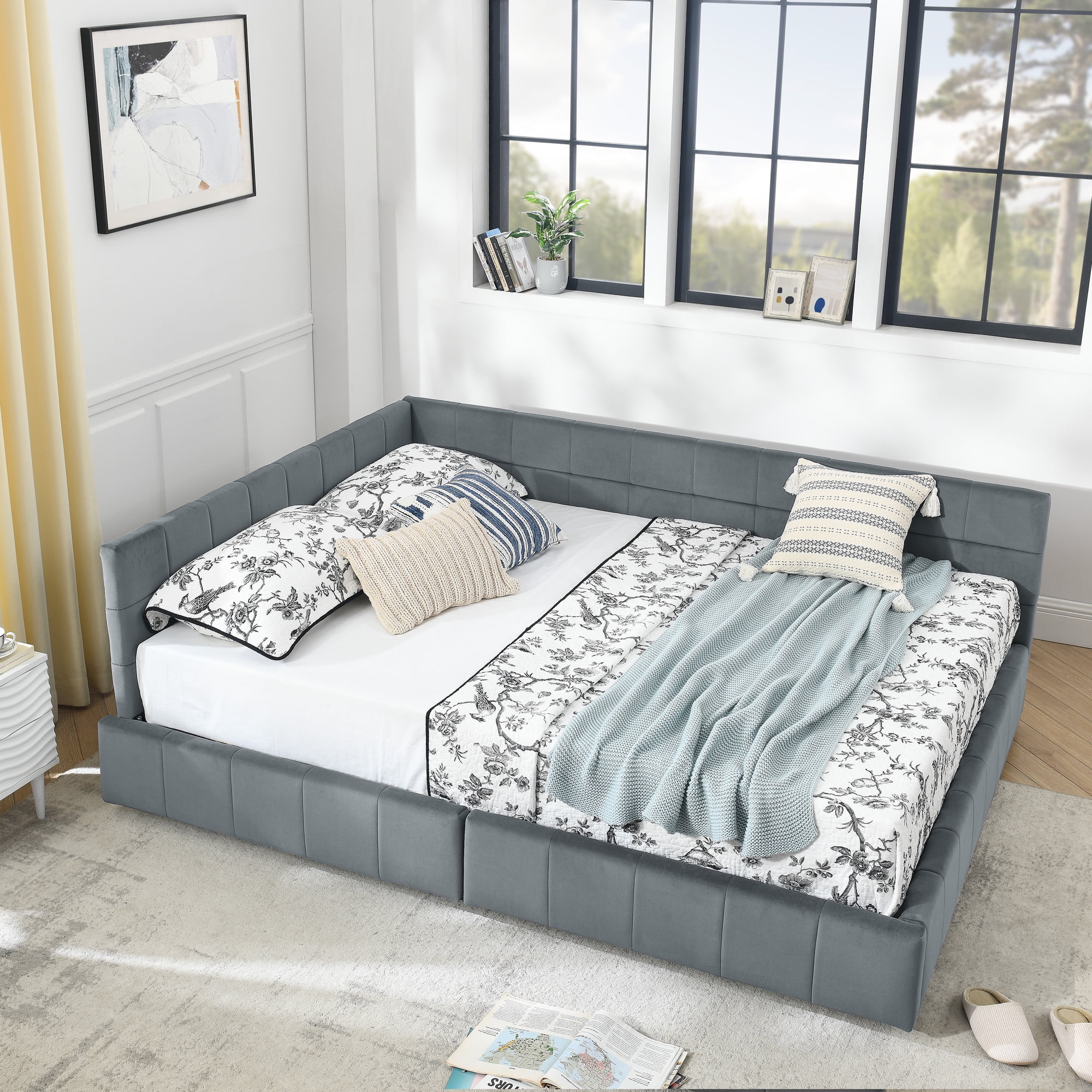 Gewnee Queen Size Storage Upholstered Tufted Sofa Bed Frame with Comfortable Backrest and Armrests for Bedroom