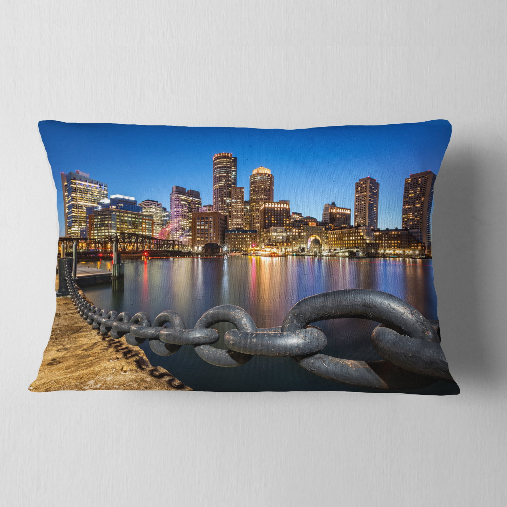 Designart Boston Skyline at Dusk - Cityscape Photo Throw Pillow - 12x20
