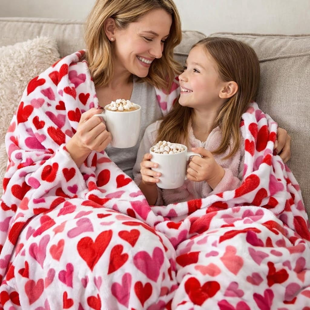 Serafina Home Hearts Throw Blanket: Contemporary Pink and Red Hearts, Microfiber Fleece Velour, Accent for Couch Sofa Bed (Pink Red Hearts)