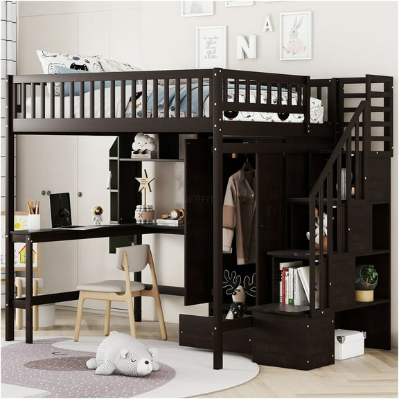 JERFIT Full Loft Bed with Bookshelf, Drawers, Desk, Wardrobe, Espresso