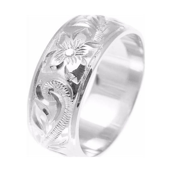 14k white gold hand engraved Hawaiian plumeria scroll band ring smooth edge 8mm size 12