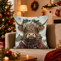 Christmas Highland Cow Pillow Cover – Multicolor Linen Look Faux 3D Printed Throw Cushion with Santa Hat Bull Design for Sofa Living Room Holiday Decor Fits 18x18 Insert