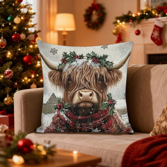 Christmas Highland Cow Pillow Cover – Multicolor Linen Look Faux 3D Printed Throw Cushion with Santa Hat Bull Design for Sofa Living Room Holiday Decor Fits 18x18 Insert