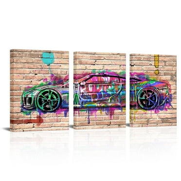 Visual Art Decor Car Wall Decor Street Graffiti Car Painting Picture Framed Canvas Print for Men Teen Boys Bedroom Decor 12 x 16 Inch x 3 Panels