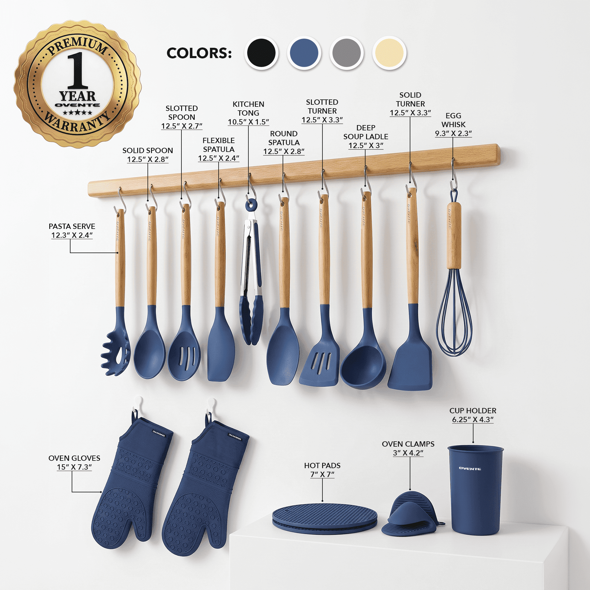 OVENTE Silicone Cooking Utensils Set, 17pcs, Heat Resistant, Blue SPS17BL | Kitchen Tools & Gadgets for Nonstick Cookware, BPA-Free Spatula Set with Wooden Handle, Cup Holder, Oven Gloves & Hot Pads