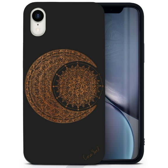 Wood phone case for iPhone XR compatible protective cell phone cover shockproof slim fit laser engraved Moon with Sun design Black wood case for Men & Women by CaseYard