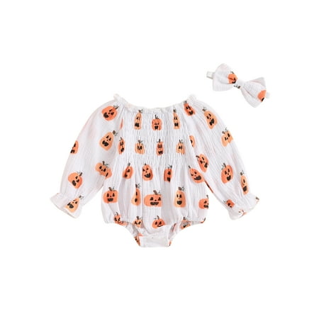 

Douhoow Newborn Girl Pumpkin Bodysuits Infant Long Sleeve Off Shoulder Pleated Romper with Hairband