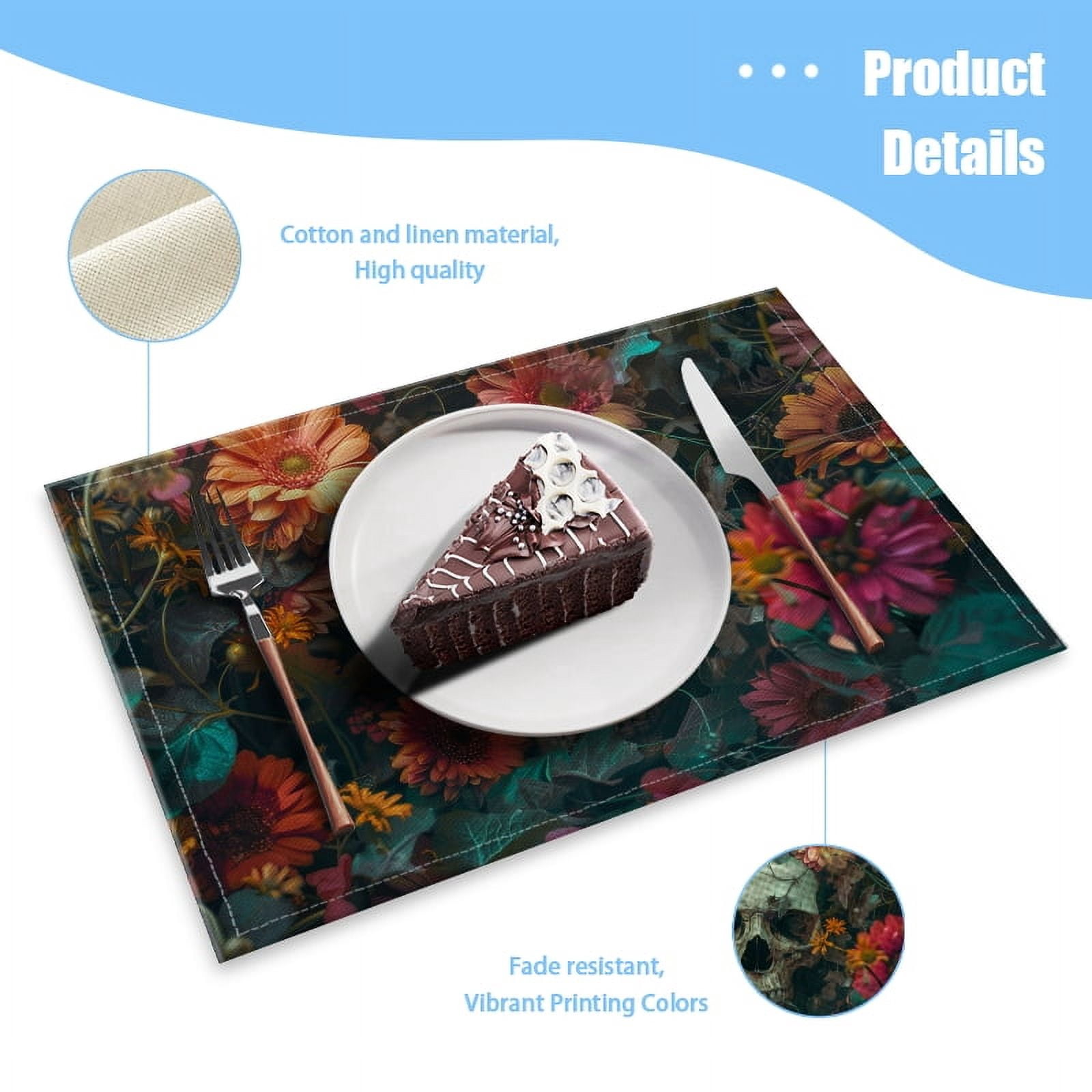 BaHomeck placemats Set of 4 Skull Surrounded By Vibrant Flowers Creating Eerie Yet Cotton Linen rectangle Placemats for Kitchen Dining Table Indoor,Outdoor,18*12inch