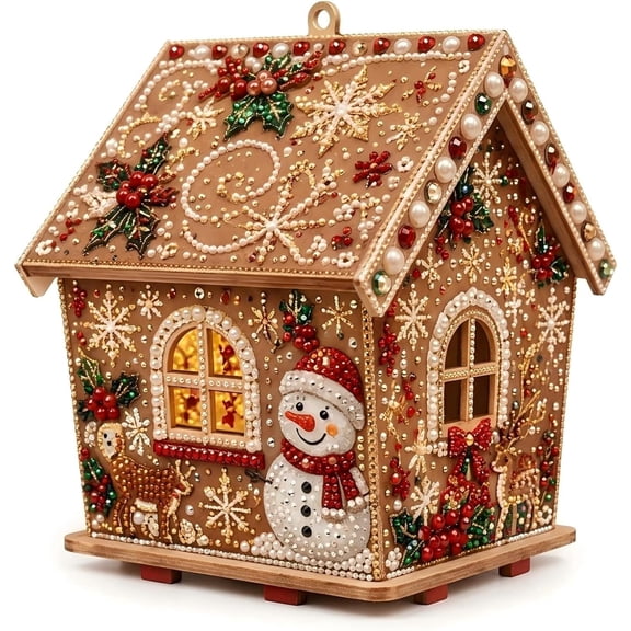 Christmas Collection, 3D Wooden House Rhinestone Diamond Painting Kit with Pearl Beads, Holiday Craft Decor, Christmas Village Ornament for Adults & Teens,Wreath
