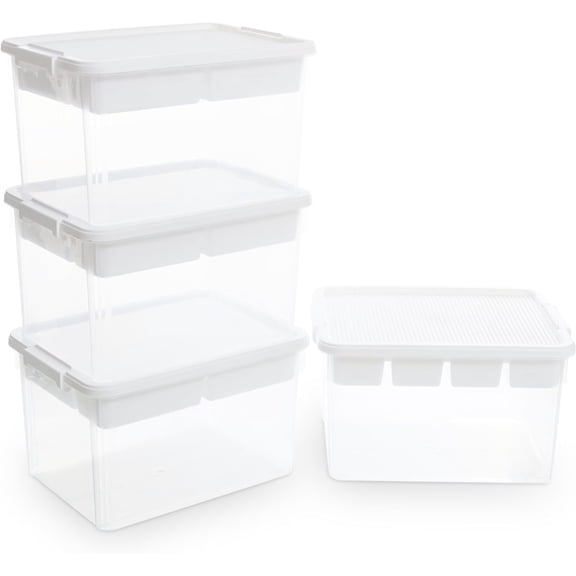 Sunny Lane 32 QT Stackable Toy Storage with Building Baseplate Lid and Removable Tray Tool Box Organizer Storage Bins with Lids for Organizing Bead, Tool, Sewing, 4 Packs