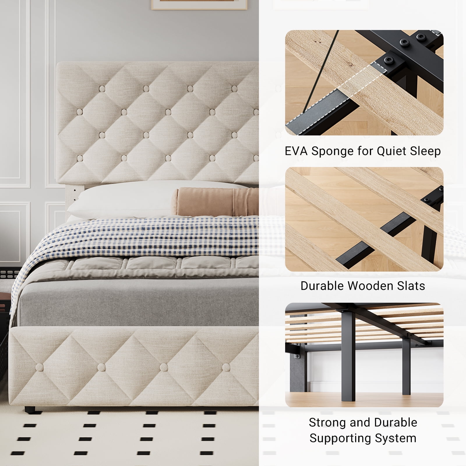 TEQIN Upholstered Queen Bed Frame with 4 Storage Drawers, Diamond Tufted Fabric Platform Bed with Sturdy Support,No Box Spring Needed, Easy Assembly, Noise Free