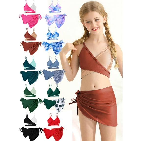 BULLPIANO 3 Piece Swimsuits Bikini Bathing Suit with Cover Up Beach Skirt 8Y-14Y