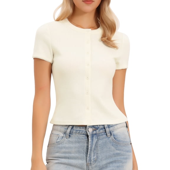 DARING DIVA Women's Short Sleeve Crew Neck Button Down Knitted Tshirts XS White