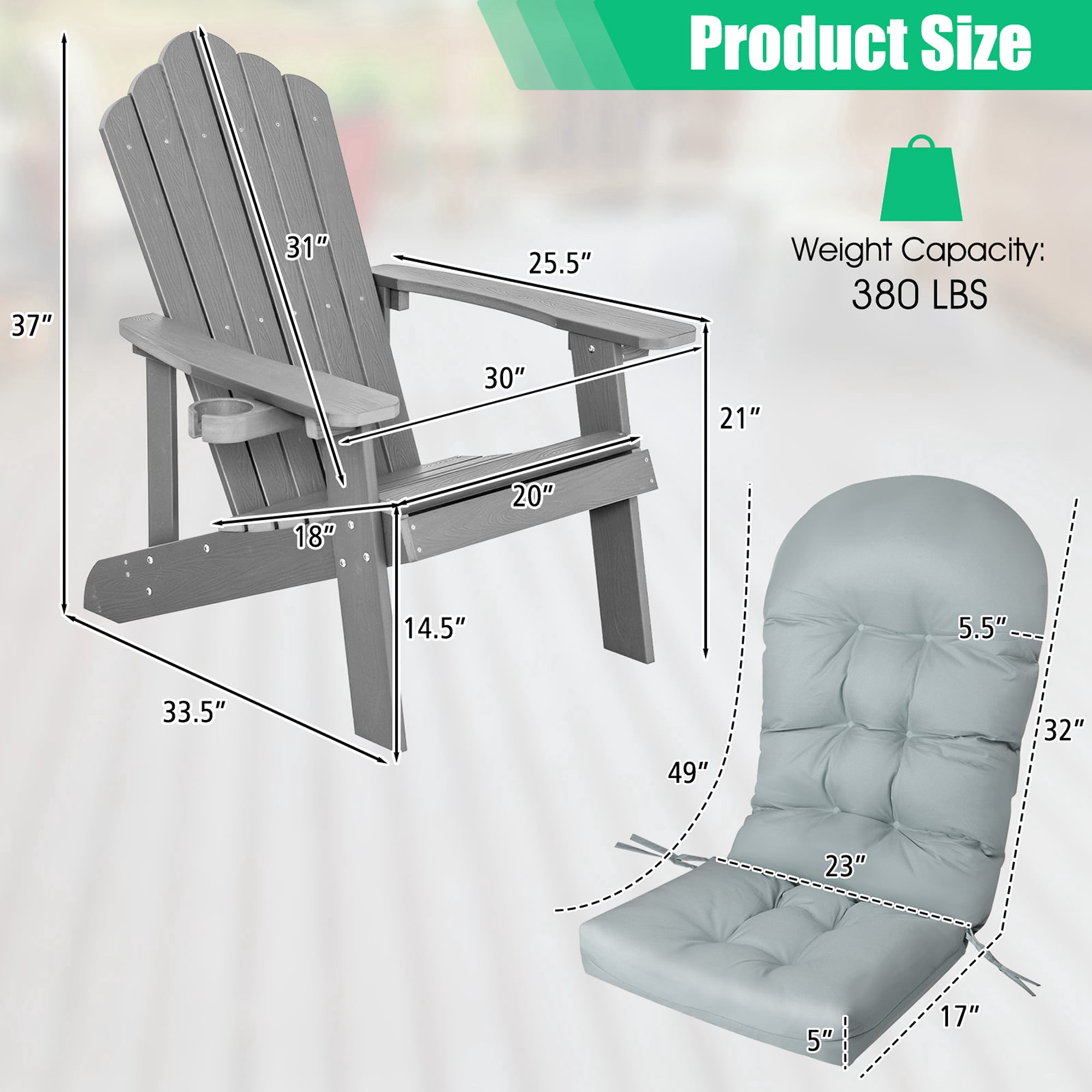 Costway Adirondack Chair HIPS Adirondack Chair with Cup Holder & Cushion Grey