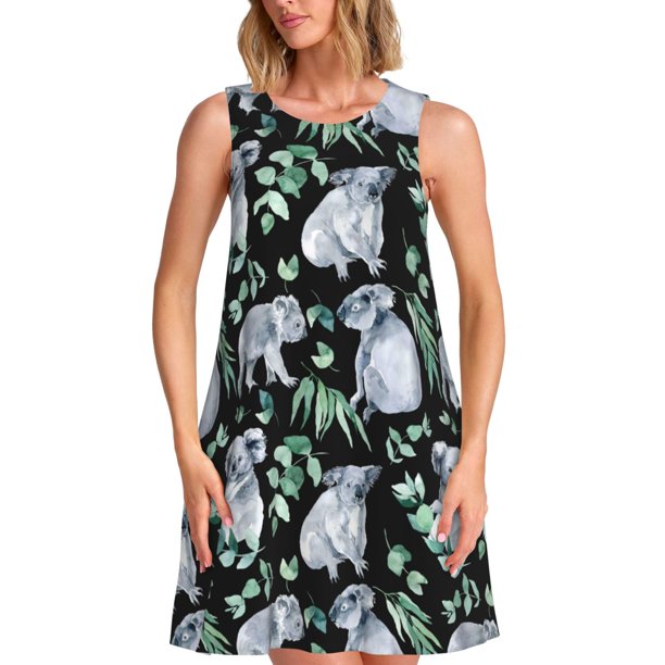 Fotbe Cartoon Koala Bear Vestido de Verano sin Mangas para Mujer – Vestido Midi Línea A, Estilo Camiseta Floral, Vestido Playero Casual y Fluido
