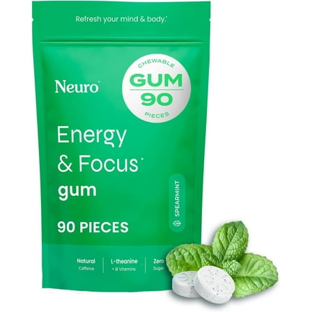 Neuro Energy & Focus Gum with Caffeine, L-Theanine, B Vitamins Spearmint 90 Count Bag