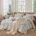 thumbnail image 3 of MooMee Striped Duvet Cover Set Queen 100% Washed Cotton Linen Like Textured Breathable 3-Piece (Cornflower Blue& White Classic Stripes, 90"x90"), 3 of 6