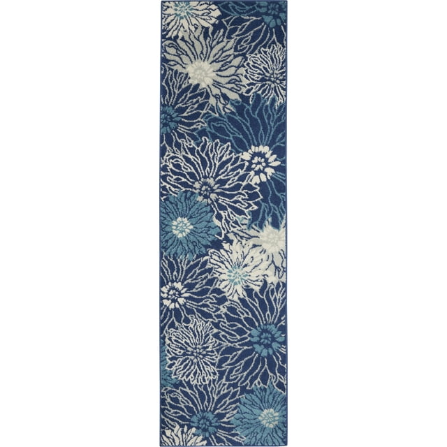 homeroots home decor 385432 2’ x 8’ Navy and Ivory Floral Runner Rug