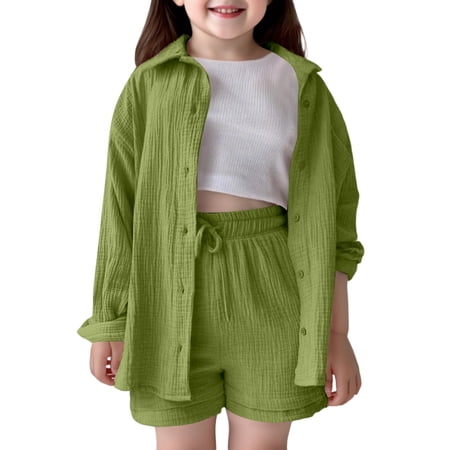Gyujnb Kids Outfits Girls Outfits & Sets Casual Playwear School Fall Toddler Kids Shirt Shorts Set Comfortable Pure Color Turn Down Collar Elastic Waist Size:5-6 Years