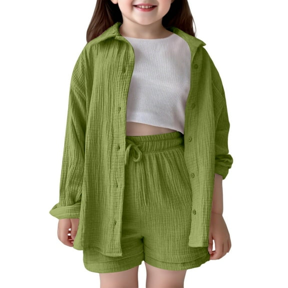 Laipiong Girls Outfits Sets Casual Playwear School Summer Fall Spring Toddler Kids Shirt Shorts Set Comfortable Turn Down Collar Elastic Waist Army Green 5-6