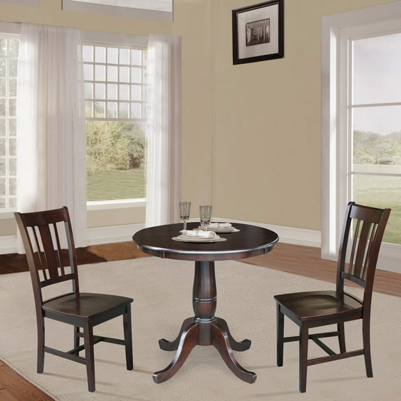 30'' Round Solid Wood Pedestal Dining Table with 2 San Remo Splat Back Dining Chairs in Rich Mocha