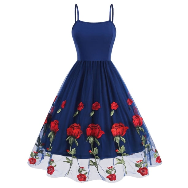 Vestido de Cóctel de Verano, Camisola Gasa Vestido sin Mangas con Bordado Rosa, Estilo de Fiesta de Cóctel de las Mujeres