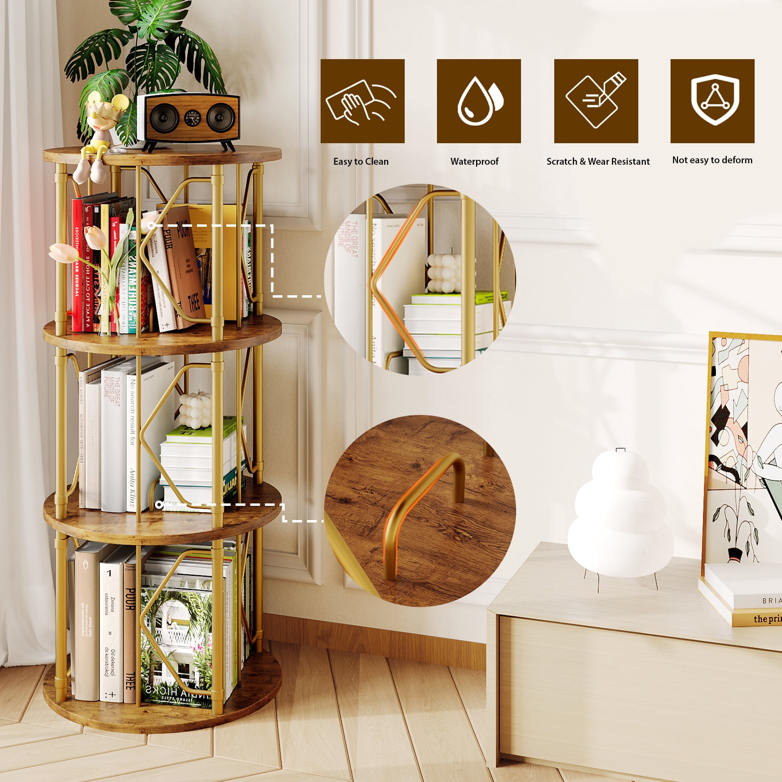 LLappuil 3 Tier Rotating Bookshelf, 360° Display Swivel Bookcase, Corner Bookshelf for for Bedroom, Living Room Gold
