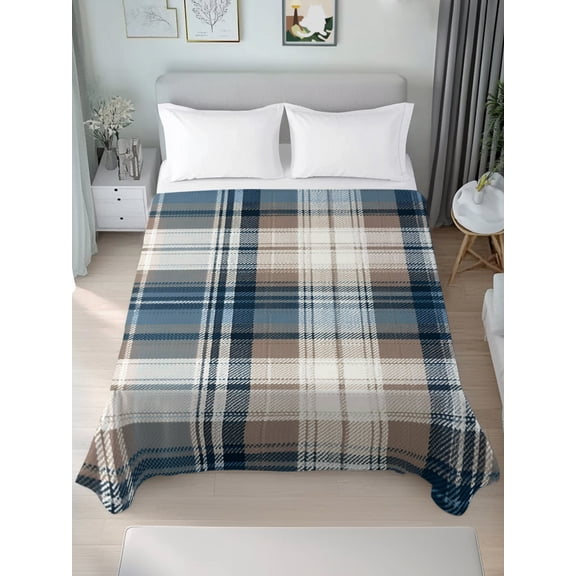 Queen Size Flat Sheet Only,Vintage Geometric Plaid Soft Top Bed Sheets Breathable Bedding Sheet Blue Brown Color Block Microfiber Hotel Luxury Top Sheets