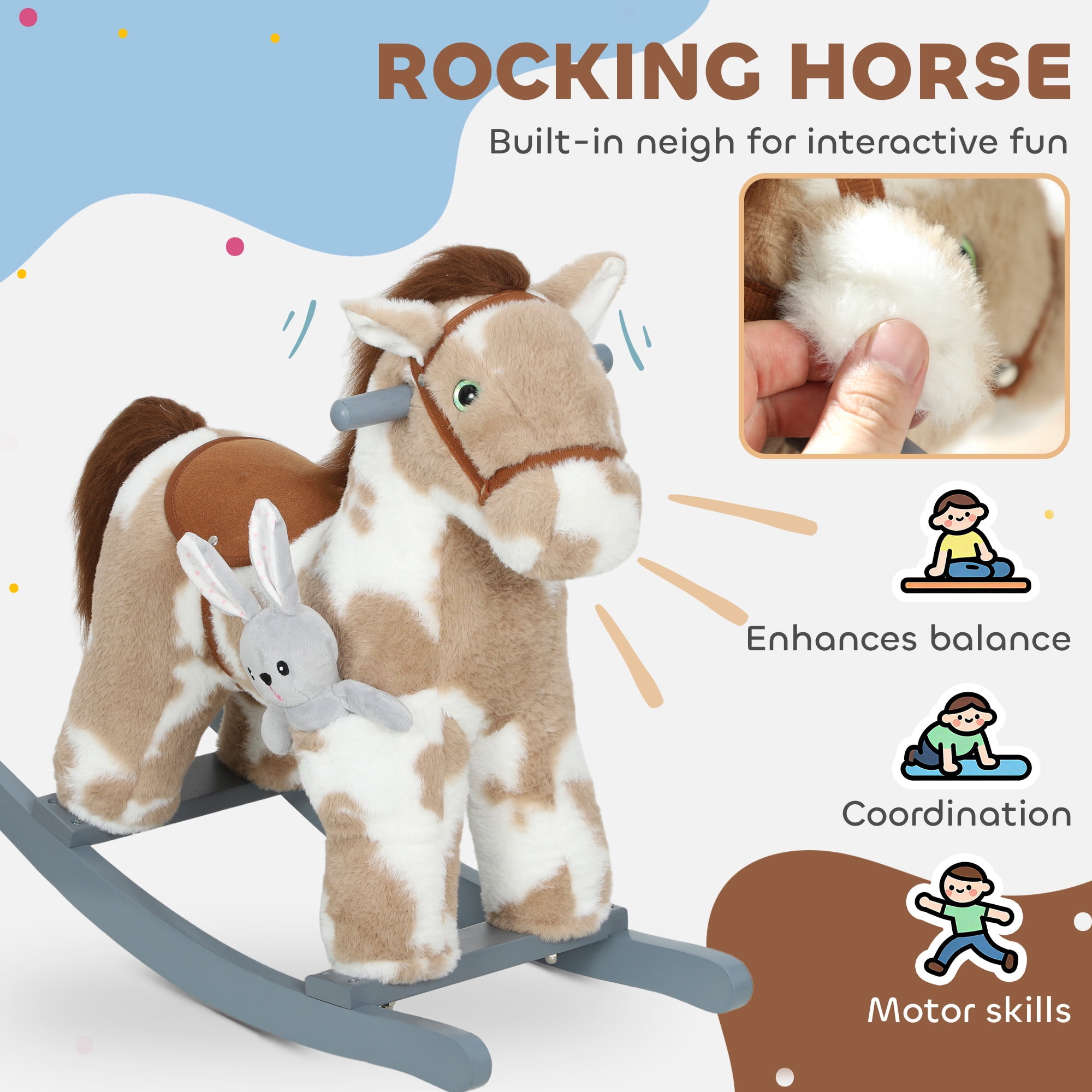 Rocking Horse, Kids Plush Animal Rocker with Realistic Neigh for Toddlers, Soft Filling Ride on Horse with Rabbit Toy, Brown