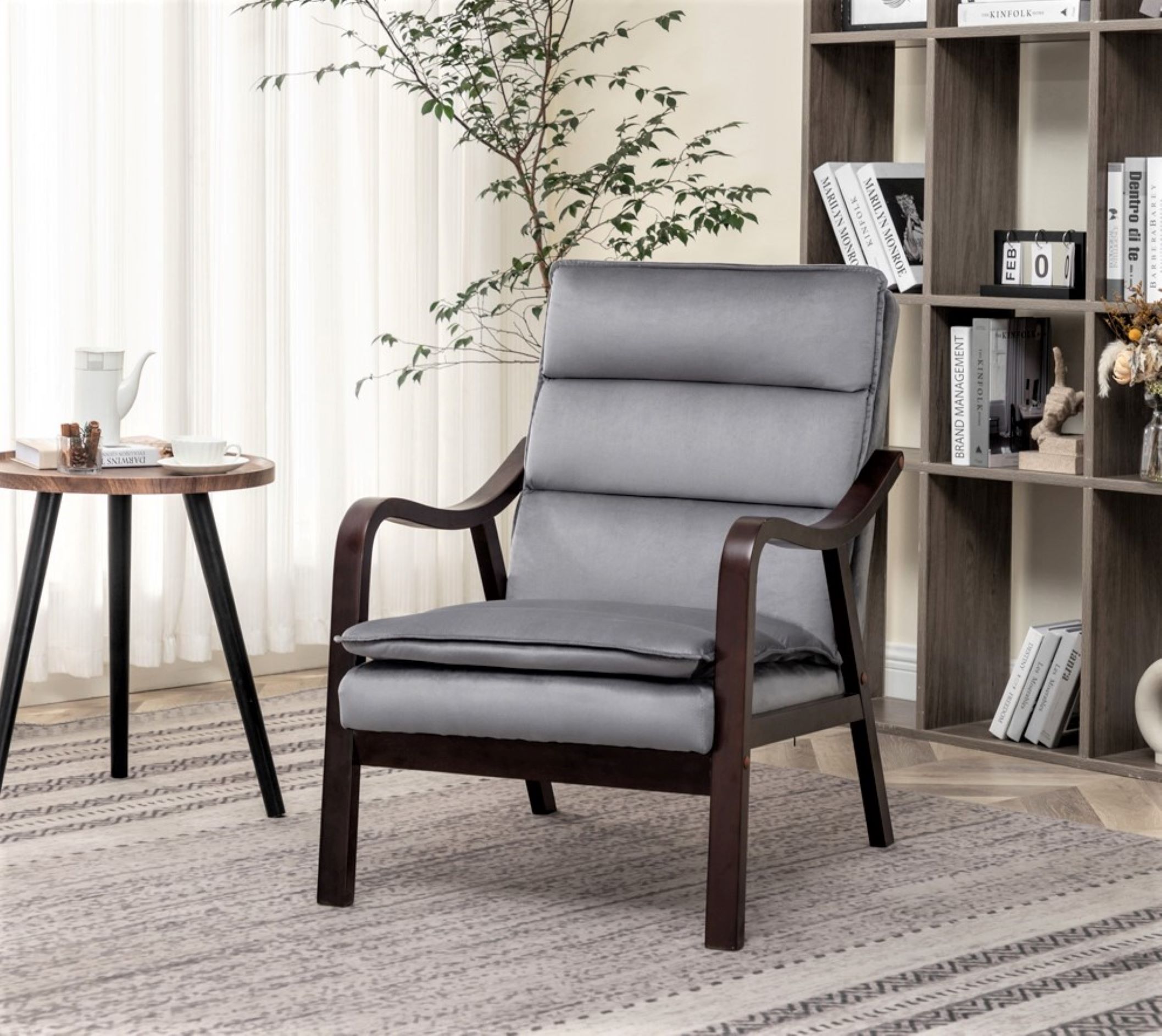 US Pride Furniture Clovis 24.8" Wide Mid-Century Modern Velvet Armchair, Gray