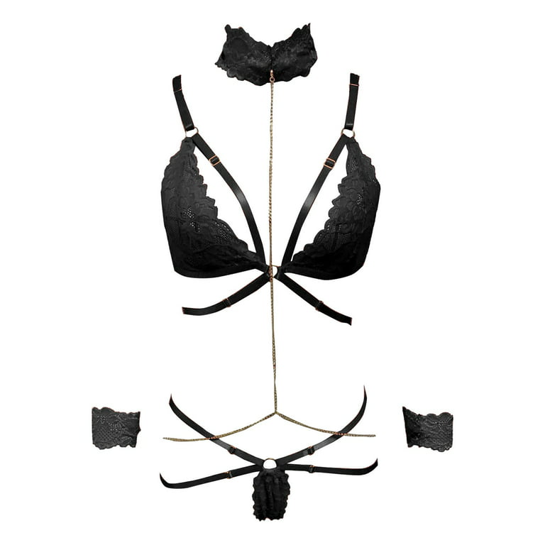 Lingerie Set For Women With G String Halter Metal Chain Underwear Teddy  Bodysuit Black L